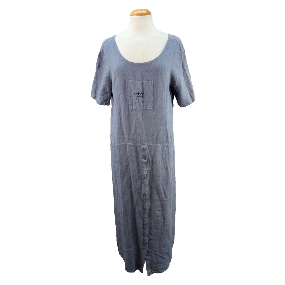 Womens Linen Button Front Maxi Shirt Dress Embroidered Logo Size S Blue Chambray - Picture 7 of 13